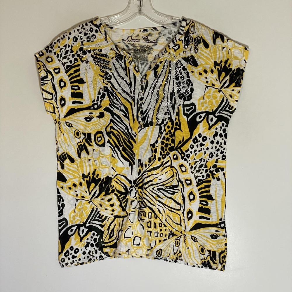Onque Casuals Top Womens Medium Multi Butterfly Henley Rhinestone Short Sleeve